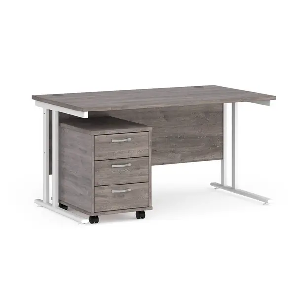 Maestro 25 Straight Desk White Frame Grey Oak Table Top and 3 Drawer Pedestal - 1400mm