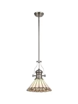 1 Light Telescopic Ceiling Pendant E27 With 30cm Tiffany Shade, Polished Nickel, Grey, Crystal