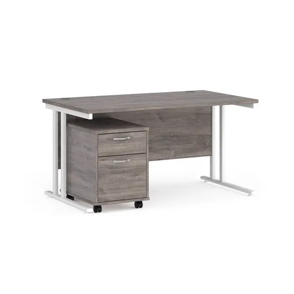 Maestro 25 Straight Desk with White Cantilever Frame and 2 Drawer Pedestal - Grey Oak - 1400mm x 800mm