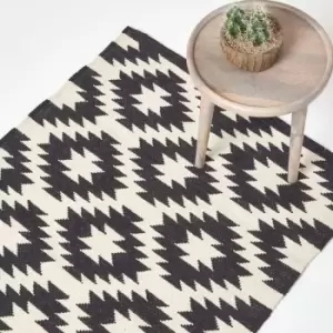 Zurich Handwoven Black and White 100% Cotton Geometric Pattern Kilim Rug, 90 x 150cm - Black - Homescapes