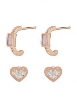 Accessorize Z X 2 Baguette Hoop And Heart Stud Set - Rose Gold