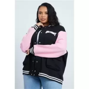 I Saw It First Black & Pink Plus Size Colour Block Pocket Detail Bomber Jacket - Black