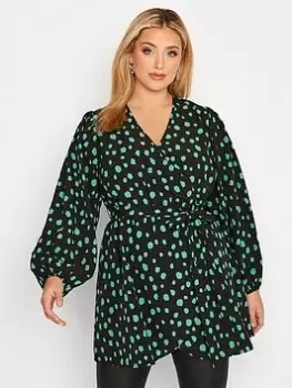 Yours Balloon Sleeve Wrap Top Green Black, Green, Size 26-28, Women