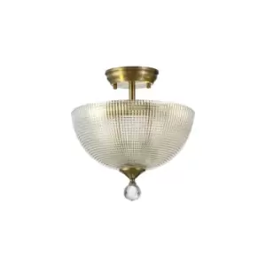 Dresden 2 Light Semi Flush Ceiling Lamp E27 With Round 30cm Prismatic Effect Glass Shade Antique Brass, Clear