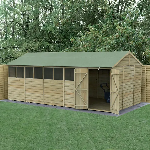 20' x 10' Forest 4Life 25yr Guarantee Overlap Pressure Treated Double Door Reverse Apex Wooden Shed - 8 Windows (5.96m x 3.21m)