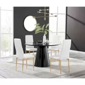 Furniture Box Palma Black Semi Gloss Round Dining Table and 4 White Milan Gold Leg Chairs