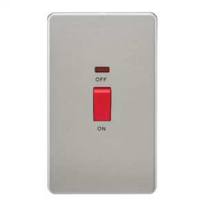 KnightsBridge 45A 2G DP 230V Screwless Brushed Chrome Switch With Neon