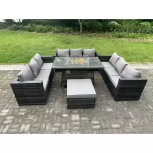 Fimous 9 Seater Rattan Outdoor Patio Gas Fire Pit Dining Sofa Complete Set with Heater and Big Footstool