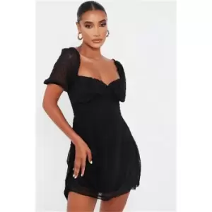 I Saw It First Dobby Mesh Short Puff Sleeve Skater Dress - Black