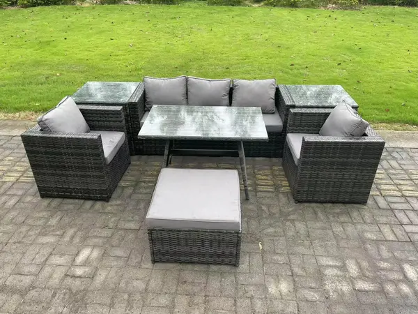 Fimous 5 Seater Outdoor Dark Grey Rattan Lounge Complete Sofa Set with Oblong Dining Table and Big Footstool