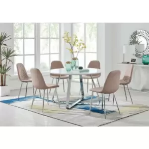 Santorini White Round Dining Table And 6 Cappuccino Corona Faux Leather Dining Chairs with Silver Legs Diamond Stitch - Cappuccino