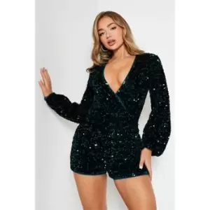 I Saw It First Sequin Velvet Wrap Front Playsuit - Green