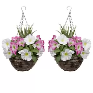 GreenBrokers Artificial Pink and White Petunias Round Rattan Hanging Plant Baskets 2 Pack