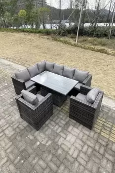 Fimous 8 Seater Outdoor Dark Grey Rattan Lounge Complete Sofa Set with Adjustable Dining Table