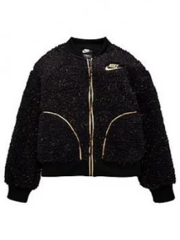 Nike Girls NSW Sherpa Shine Full Zip Bomber Jacket - Black/Gold, Size XS, Women