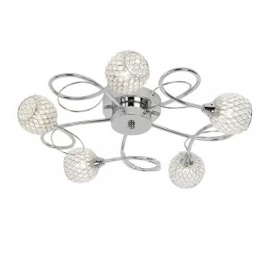 5 Light Semi Flush Multi Arm Ceiling Light Chrome with Wire, Bead Shade, G9