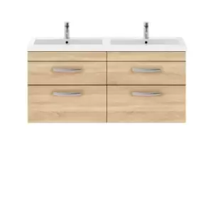 Nuie Athena 1200 Wall Hung 4-drawer Vanity & Polymarble Double Basin - Natural Oak