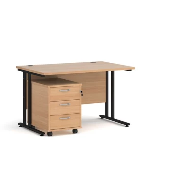 Office Desk Rectangular Desk 1200mm With Pedestal Beech Top With Black Frame 800mm Depth Maestro 25 SBK312B