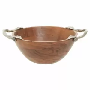 Interiors By Ph Large Round Bowl, Acacia Wood, Aluminium Leaf Handles