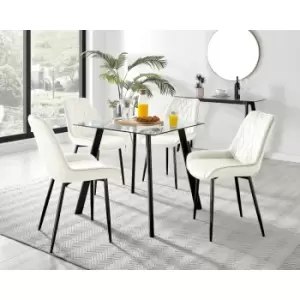 Furniturebox UK - Furniturebox Seattle Glass and Black Metal Leg Square Dining Modern Industrial Dining Table & 4 Cream Pesaro Black Leg Velvet Chairs