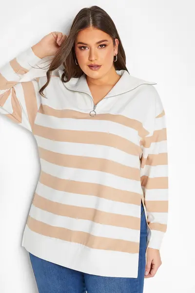 Yours Stripe Quarter Zip Jumper Light Beige