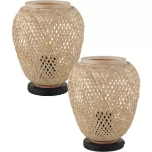 2 PACK Table Lamp Desk Light Black Base & Round Wicker Wood Shade 1x 40W E27