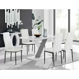 Furniture Box Monza 6 White/Grey Dining Table and 6 White Milan Black Leg Chairs