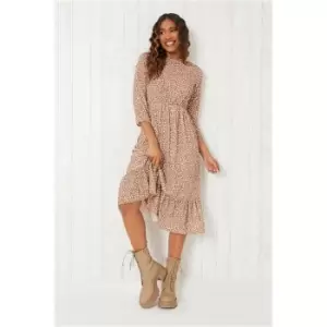 I Saw It First Tan Woven Polka Dot Frill Hem Midi Dress - Brown