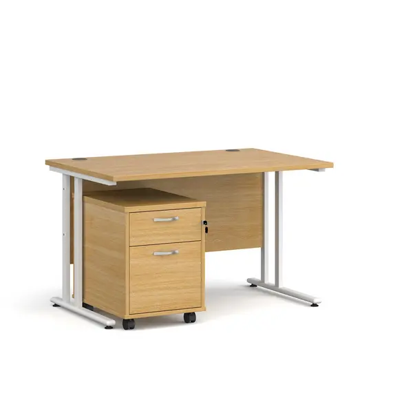 Maestro 25 Straight Desk with White Cantilever Frame and 2 Drawer Pedestal - Oak - 1200mm x 800mm