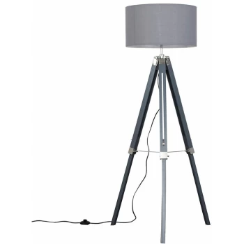 Grey & Chrome Tripod Floor Lamp with Drum Shade - Grey