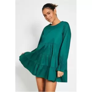 I Saw It First Cotton Poplin Tiered Long Sleeve Mini Dress - Green