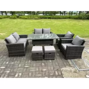 Fimous 6 Seater Outdoor Dark Grey Rattan Lounge Complete Sofa Set with Dining Table and 2 Stools