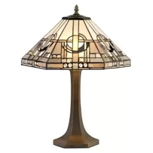 Luminosa Lighting - 2 Light Octagonal Table Lamp E27 With 40cm Tiffany Shade, White, Grey, Black, Clear Crystal, Aged Antique Brass