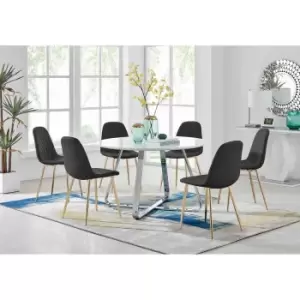 Furniture Box Santorini White Round Dining Table and 6 Black Corona Gold Leg Chairs