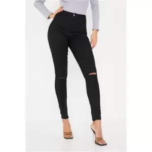 I Saw It First Black Stretch Slash Knee High Waisted Denim Disco Skinny Jeans - Black