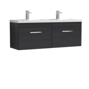 Nuie Athena 1200 Wall Hung 2-drawer Vanity & Polymarble Double Basin - Black Woodgrain