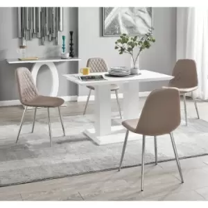 Furniturebox UK - Furniturebox Imperia 4 High Gloss White Modern Dining Table And 4 Cappuccino Beige Corona Faux Leather Dining Chairs With Silver