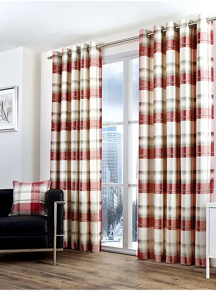 Fusion Balmoral Check 100% Cotton Eyelet Lined Curtains, Ruby, 46 x 54" - Fusion BCKRB46546LZU