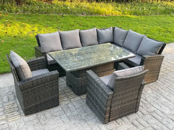 Fimous 8 Seater Outdoor Dark Grey Mixed Rattan High Back Corner Sofa Set with Adjustable Table