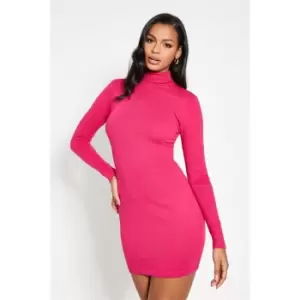 I Saw It First Cotton Rib Long Sleeve Roll Neck Mini Dress - Pink