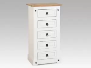 Seconique Corona White and Pine 5 Drawer Tall Narrow Chest of Drawers Flat Packed