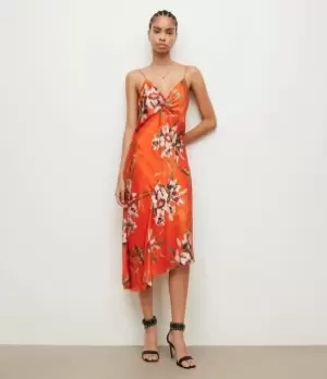 AllSaints Womens Alexia Dorada Silk Blend Dress, Flame Orange, Size: 16