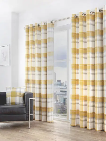 Fusion Balmoral Check 100% Cotton Pair of Eyelet Curtains 66x54in Yellow 76465613003