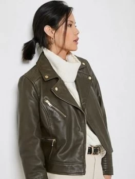 Mint Velvet Khaki Leather Biker Jacket, Khaki, Size 8, Women