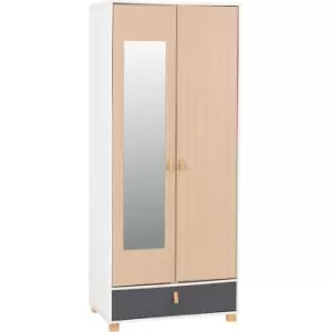 Seconique - Brooklyn 2 Door 1 Drawer Mirrored Wardrobe in Oak Effect and Grey Finish