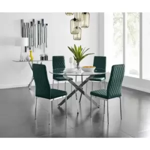 Furniturebox UK - Furniturebox Novara 120cm Round Dining Table and 4 Green Milan Velvet Dining Chairs Diamond Stitch Modern Contemporary Chrome Metal