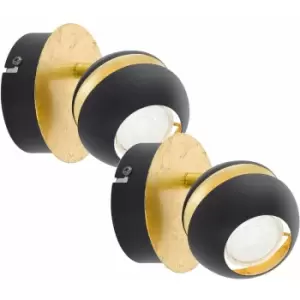 2 pack Wall 1 Spot Light Round Black & Gold Shade / Back Plate GU10 1x3.3W Inc