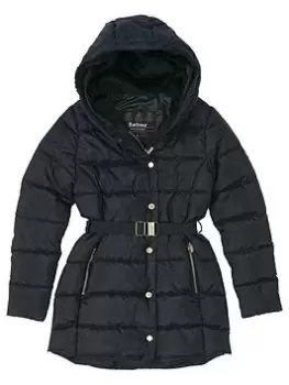 Barbour International Girls Track Line Quilt Long Line Coat - Black, Size 6-7 Years, Women