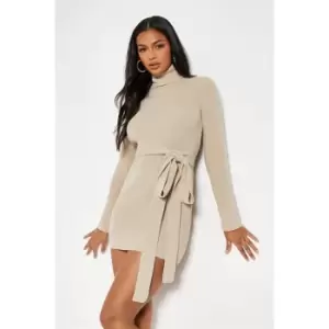 I Saw It First Knitted Turtle Neck Belted Mini Dress - Brown