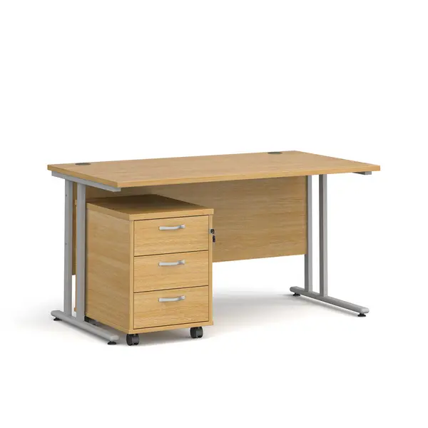 Maestro 25 Straight Desk Silver Frame Oak Table Top and 3 Drawer Pedestal - 1400mm